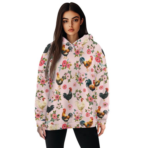 FOR U DESIGNS Flower Rooster Women Hoodies Oversized Long Sleeve Basic Sweatshirts Pullover Sweater Outfits Size S Women Activewear Down-Shoulder Collar Tops Winter