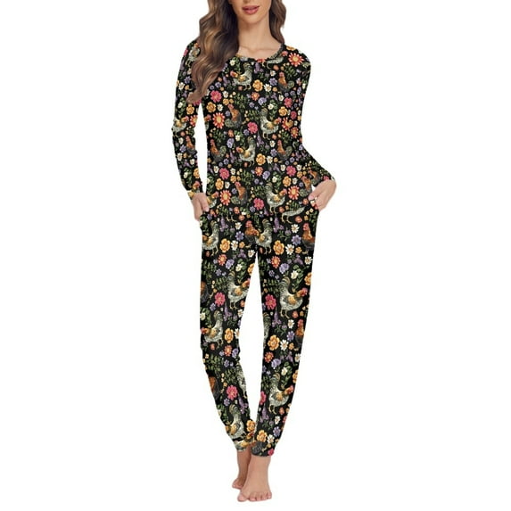 FOR U DESIGNS Flower Roosters Pajamas for Women Set Long Sleeve Pants with Pockets 2 Piece Size 3XL Sleepwear Long Crew Neck Tops for Women Jogger Loungewear Fall