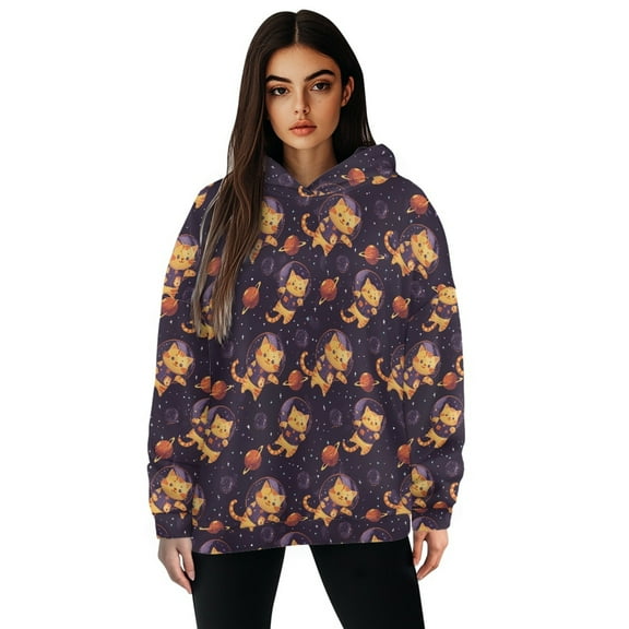 FOR U DESIGNS Galaxy Cat Womens Casual Hooded Sweatshirt Loose Pullover Hoodies Size XL Lightweight Hooded Shirts for Ladies Long Sleeve Activewear Tops