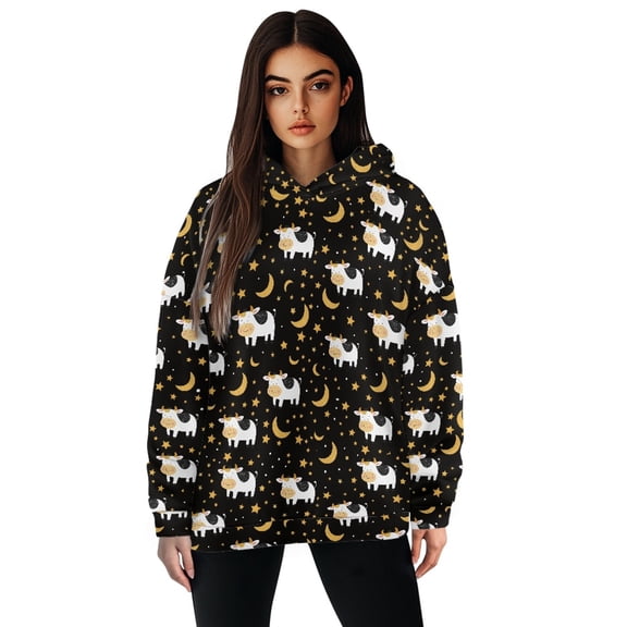 FOR U DESIGNS Galaxy Cow Women Oversized Hoodies Pullover Hooded Sweatshirt Casual Long Sleeve Tops Sweater Size XL Women Activewear Tops Loose Fit Fall