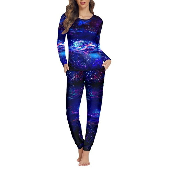 FOR U DESIGNS Galaxy Sea Turtle Pajamas Sets for Women Long Sleeve Pants with Pockets 2 Pack Size 2XL Nightwear Long Tops for Women Sleepwear Comfortable Pajama