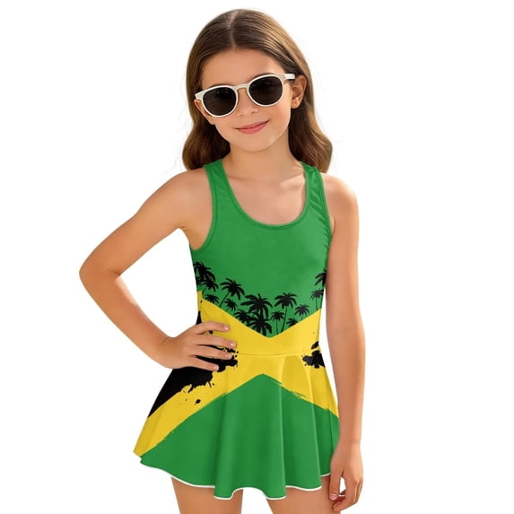 FOR U DESIGNS Girls One Piece Swimsuit with Skirt Quick Dry Tropical Kids Bathing Suit Swimwear Skirted Bathing Suit, Jamaica Flag Palm Tree