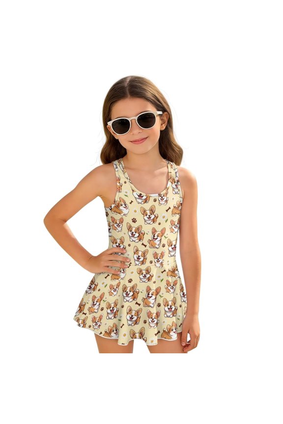 FOR U DESIGNS Girls One Piece Swimsuit with Skirt Sleeveless Tank Bathing Suit Swimwear with Short Bathing Suit for Kids, Corgi Daisy