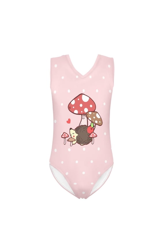 FOR U DESIGNS Girls Swimsuit One Piece Pink Athletic Bathing Suit for Age 9-10 Hedgehog Mushroom Sleeveless Gymnastics Dancewear for Toddlers Kids