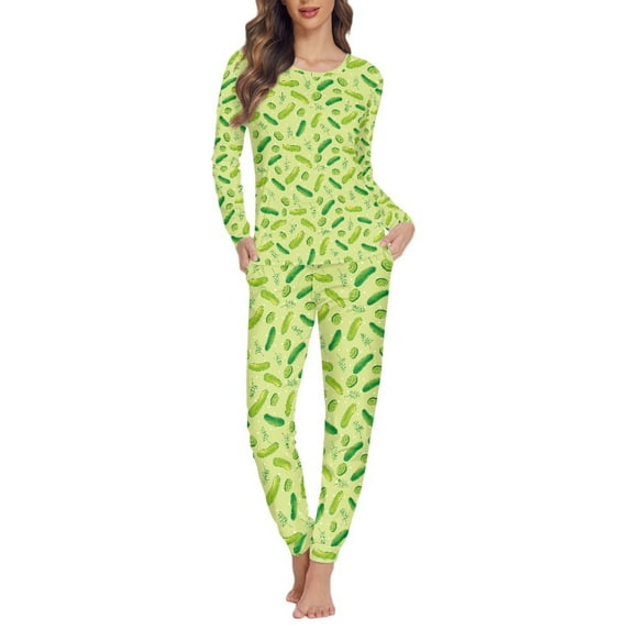 FOR U DESIGNS Green Cucumber Womens Lounge Sets 2 Piece Outfits Long Sleeve Crew Neck Tops and Pants with Pockets Size 3XL Sleepwear Soft Set Pajamas for Women