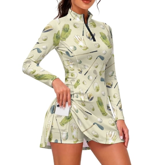 FOR U DESIGNS Green Golf Print Long Sleeve Golf Dress with Shorts Pockets Zip Front Tennis Dress for Women Stand Collar Athletic Dresses