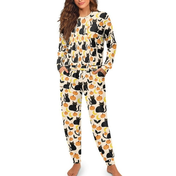 FOR U DESIGNS Halloween Black Cat Drawstring Lounge Pants Women with Pockets Long Sleeve Pants and Crew Neck Tops 2 Piece Size S Nightwear Lightweight for Women Jogger