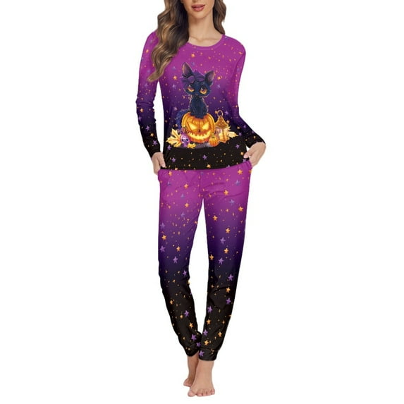 FOR U DESIGNS Halloween Black Cat Women 2 Piece Pajamas Sets Long Pants and Tops Size 3XL Small Nightwear for Women with Pockets Fall Ladies Pj Bottoms Lightweight