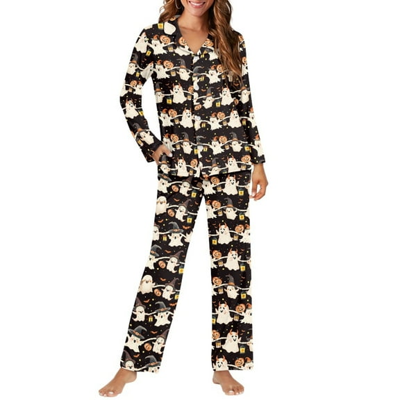 FOR U DESIGNS Halloween Cute Ghost Pajama Sets for Women 2 Piece Button Down Long Sleeve Pants with Pockets Size 3XL Sleepwear Long V-neck Tops for Women Winter