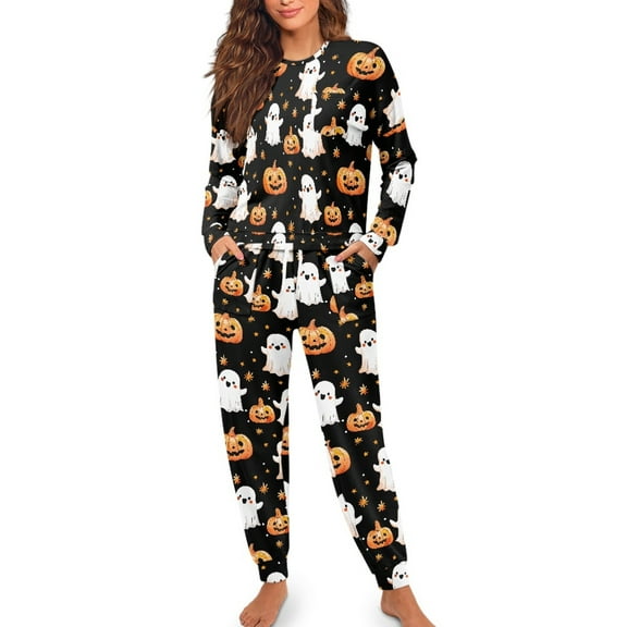 FOR U DESIGNS Halloween Cute Ghost Women Drawstring Pajama Pants 2 Piece Size 2XL Pjs Lightweight Lounge Set with Pockets Sleepwear Long Sleeve Tops for Women