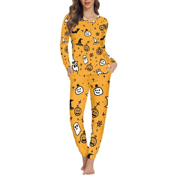 FOR U DESIGNS Halloween Pumpkin Ghost Long Sleeve Pajama Set for Women with Pockets 2 Pack Size 6XL Pjs Lightweight Lounge Sleepwear Pants and Tops for Women