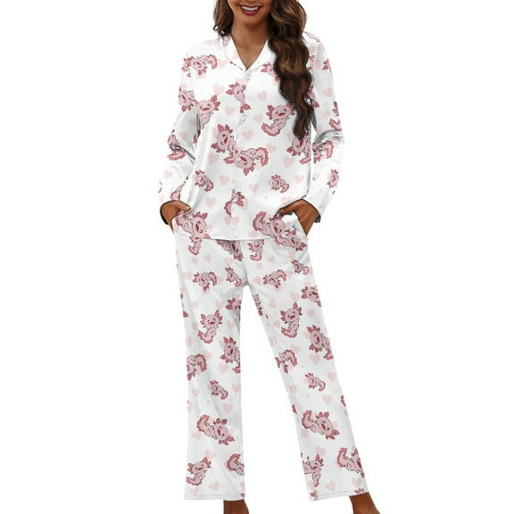 FOR U DESIGNS Heart Axolotl Womens Button Down Pajama Sets Long Sleeve Pj Pants Set 2 Piece Size XL Sleepwear Long Tops for Women Button Up Loungewear with Pockets