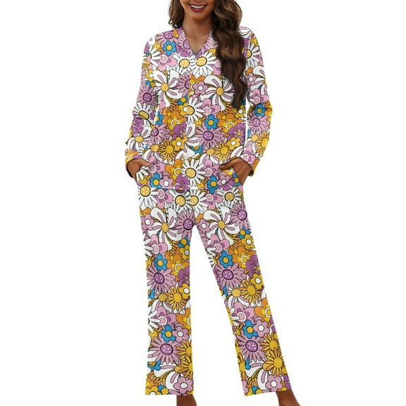 FOR U DESIGNS Hippie Flower Pajama Sets for Women 2 Piece Pants Button Up Sleepwear Long Sleeve V-neck Tops and Pants for Women Size XS Womens Button Front Jogger Pants