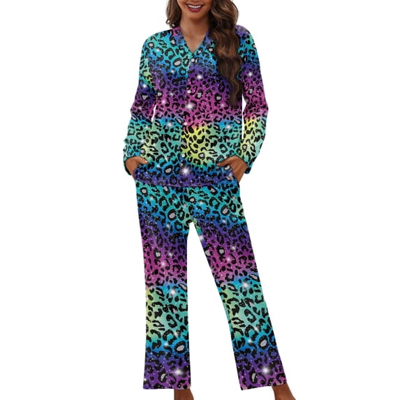 FOR U DESIGNS Hippie Leopard Print Button Down Pajama Tops for Women Loose Fit 2 Pack Size 4XL Womens Nightwear Sets Button Front Sleepwear Long Sleeve Pants Winter
