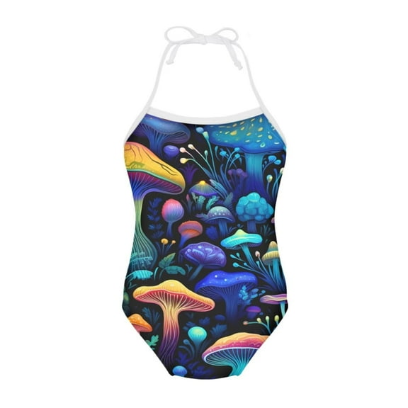 FOR U DESIGNS Hippie Mushroom One Piece Halter Swimsuit for Girls 7-8 Years Old Breathable Tropical Beach Bathing Suit Novelty Lace-up Swimwear