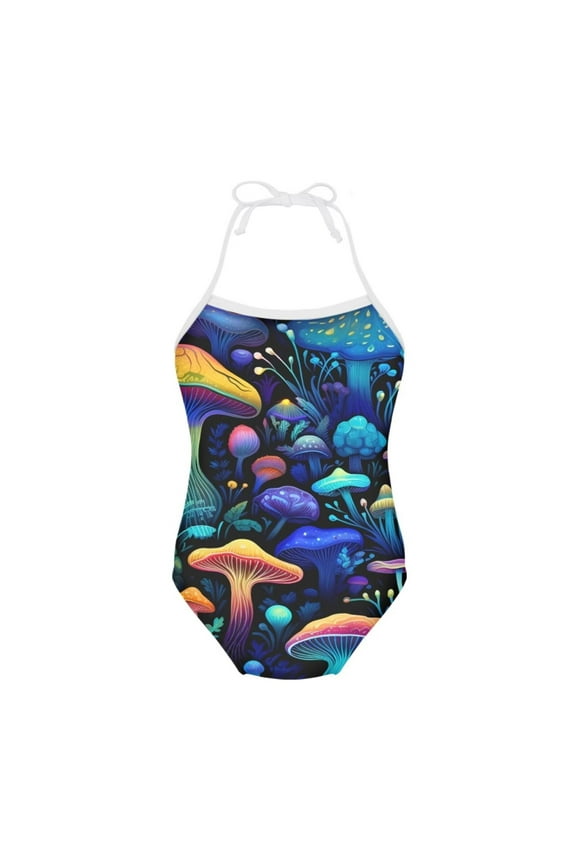 FOR U DESIGNS Hippie Mushroom One Piece Halter Swimsuit for Girls 7-8 Years Old Breathable Tropical Beach Bathing Suit Novelty Lace-up Swimwear
