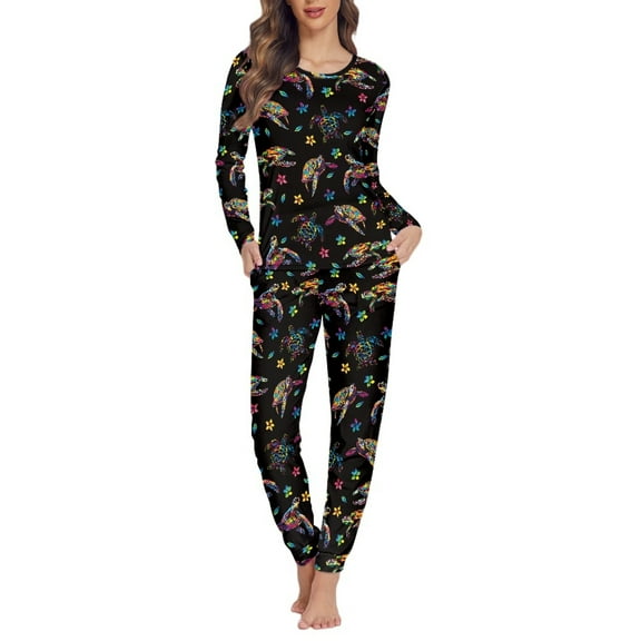 FOR U DESIGNS Hippie Sea Turtle Pajama Sets for Women 2 Piece Long Sleeve Crew Neck Tops Size XS Sleepwear Set Long Pants with Pockets for Women Loungewear Fall