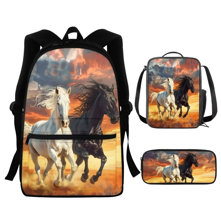 FOR U DESIGNS Horse Kids Backpack and Lunch Box Set Girls 8 10 Years Old Boys Book Bags with Lunch Bag Pen Case 3 in 1 Elementary Primary School