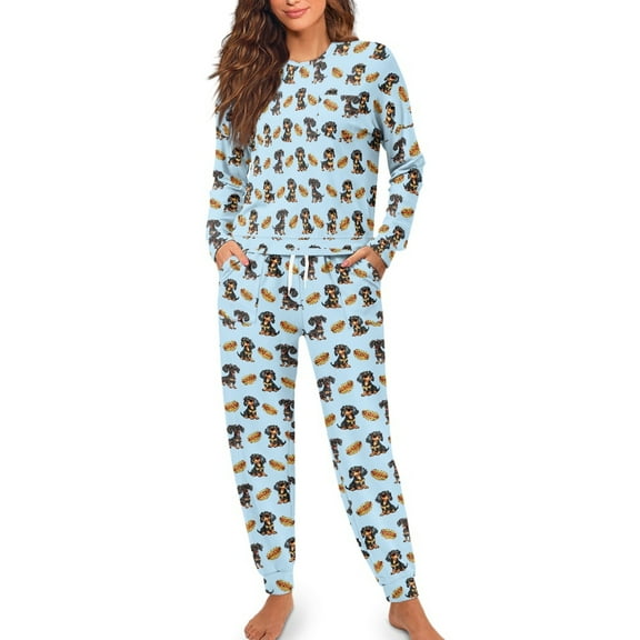 FOR U DESIGNS Hot Dog Dachshund Ladies Pajamas Sets Drawstring Pajama 2 Pack Size S Pjs Lightweight Lounge Set with Pockets Sleepwear Long Sleeve Tops and Pants