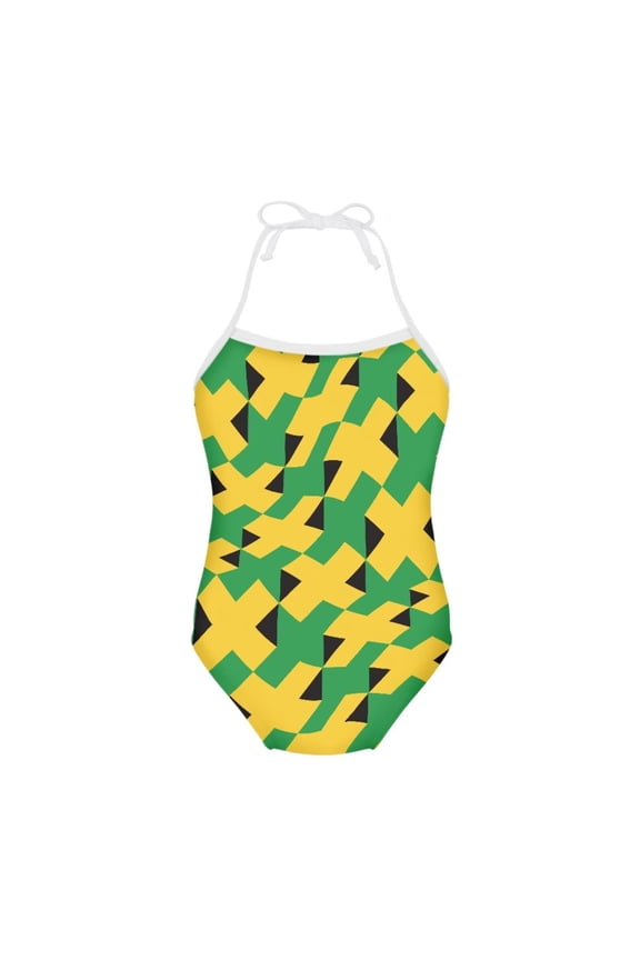 FOR U DESIGNS Jamaican Flag Halter Bathing Suits for Teens Kids 9-10 Years Old Fashion Girls Off Shoulder Beach Wear Athletic One Piece Bathing Suit
