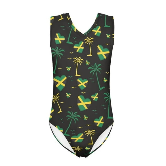 FOR U DESIGNS Jamaican Flag One Piece Swimsuit for Age 11-12, Hearts Coconut Tree V Neck Rash Guard Bathing Suit Comfy Girls Sleeveless Swimwear