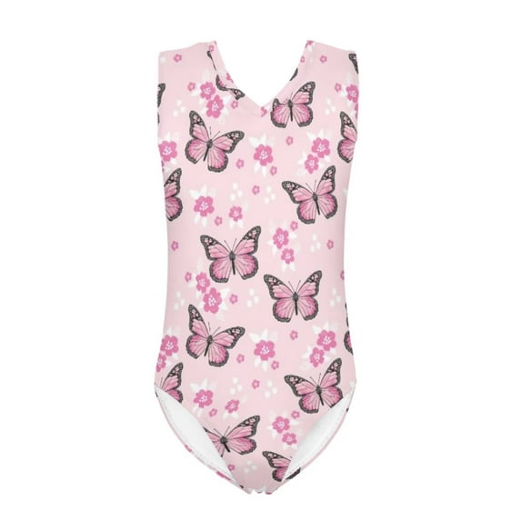FOR U DESIGNS Lightweight Girls One-Piece Swimsuit for Beach Sport Pink Butterfly Flower Toddler One Piece Bathing Suit Summer Sleeveless Outfits Size 5-6