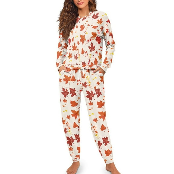 FOR U DESIGNS Maple Leaf Thanksgiving Pajama Sets for Women 2 Piece Long Sleeve Crew Neck Tops and Pants with Drawstring for Women Size M Nightwear Conmfortable Pjs