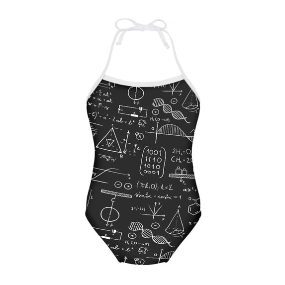 FOR U DESIGNS Math Theme One Piece Swimsuit Girls Black Summer Swimwear for Girls Kids 9-10T Novelty Halter Bathing Suit with Adjustable Strap