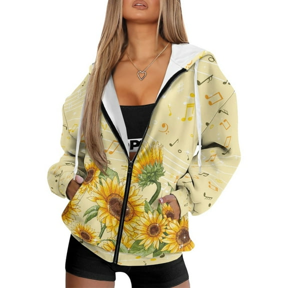 FOR U DESIGNS Note Sunflower Zipper Hoodies for Women Long Oversized Hooded Cardigan Size M Long Sleeve Sweatshirt for Women Down-Shoulder Collar Hoodie with Pockets