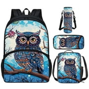 FOR U DESIGNS Owl Backpack with Lunch Bag for Girls 4th Grade Blue School Book Bag Set of 4 Student Lunch Box Pencil Case Water Bottle Holder with Strap Elementaty School Bags for Boys 7-10