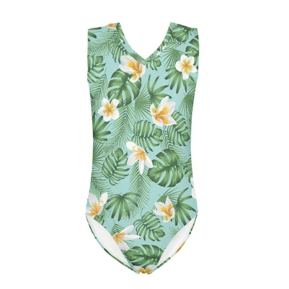 FOR U DESIGNS Palm Leaves Girl Swimsuit Size 11-12 Years Frangipani One-Piece Swimwear Leotards for Swimming Dancing Stretchy Sleeveless Bathing Suit