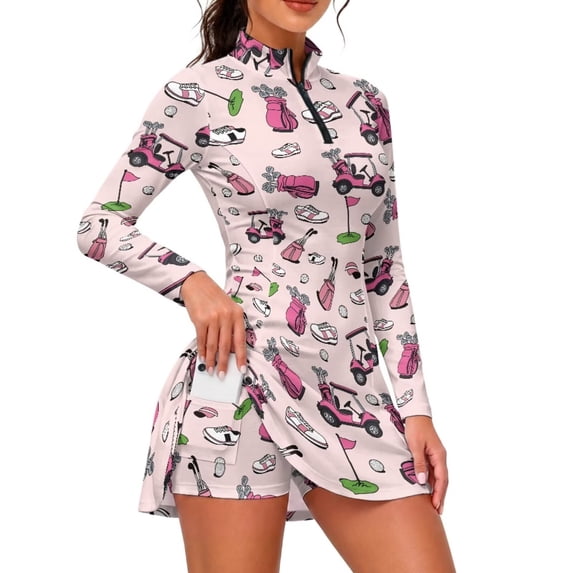 FOR U DESIGNS Pink Golf Print Long Sleeve Tennis Dress with Shorts Pockets Zip Front Stand Collar Ladies Golf Dress Quick Dry Athletic Wear