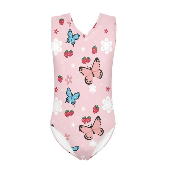 FOR U DESIGNS Pink Kids Girl Bathing Suits for Swimming Surfing Butterfly Floral Teens One Piece Swimsuit Size 9-10 Years Strawberry V Neck Swimwear