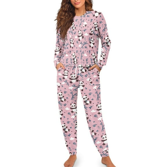 FOR U DESIGNS Pink Panda Pjs Sets for Women Long Sleeve and Pants Set of 2 Size 2XL Drawstring Sleepwear Long Crewneck Tops Nightwear Conmfortable for Women Winter