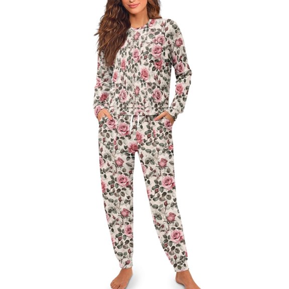 FOR U DESIGNS Pink Rose Pajama Sets for Women 2 Piece Long Sleeve and Pants Size 2XL Nightwear Long Crewneck Tops Ladies Sleepwear Drawstring Loungewear Set Winter