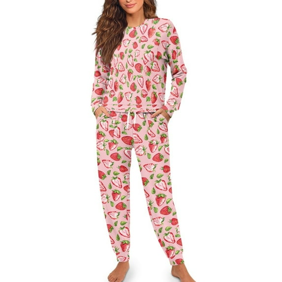 FOR U DESIGNS Pink Strawberry Women Pajamas Set Long Sleeve Nightwear 2 Piece Size M Sleepwear Long Pants with Drawstring for Women Loungewear Crew Neck Tops Pjs Fall
