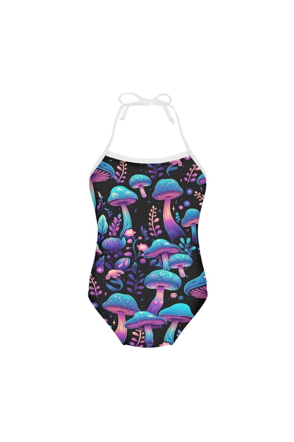 FOR U DESIGNS Psychedelic Mushroom Halter Neck Swimsuit One Piece Size 9-10T Novelty Off Shoulder Bathing Suit Soft One Piece Swimwear for Girls