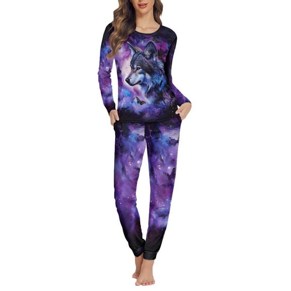 FOR U DESIGNS Purple Butterfly Wolf Pajama Sets Women Long Pants and Crewneck Tops Set of 2 Size XL Pjs Lightweight Lounge Set with Pockets Sleepwear for Women