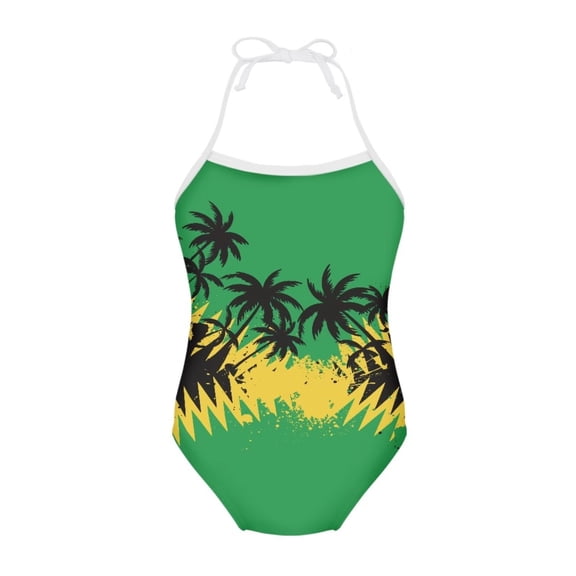 FOR U DESIGNS Quick Dry Girls Halter Swimsuit Size 9-10 Fashion Jamaican Flag Off Shoulder Swimwear Coconut Tree One Piece Bathing Suit Leotards