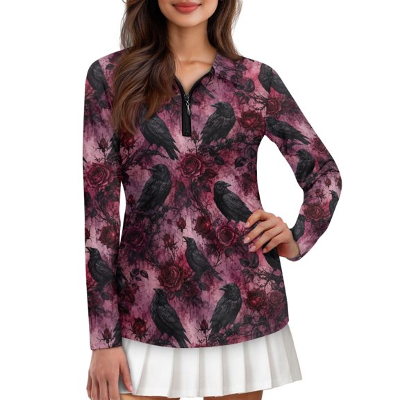 FOR U DESIGNS Raven Rose Print, Plus Size Polo Shirt for Ladies, V Neck Comfortable Golf Polo Athletic for Fall Yoga, Size X-Small