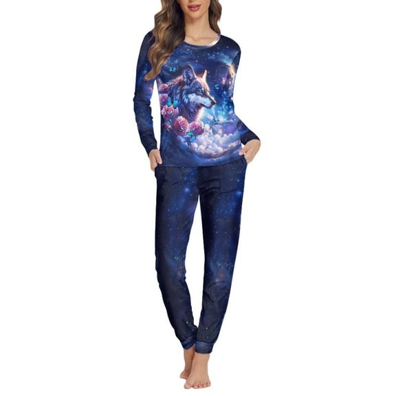 FOR U DESIGNS Rose Butterfly Wolf Womens Pajama Sets Long Sleeve Long Pants and Crewneck Tops 2PCS Size XS Small Jogger for Women with Pockets Nightwear for Women
