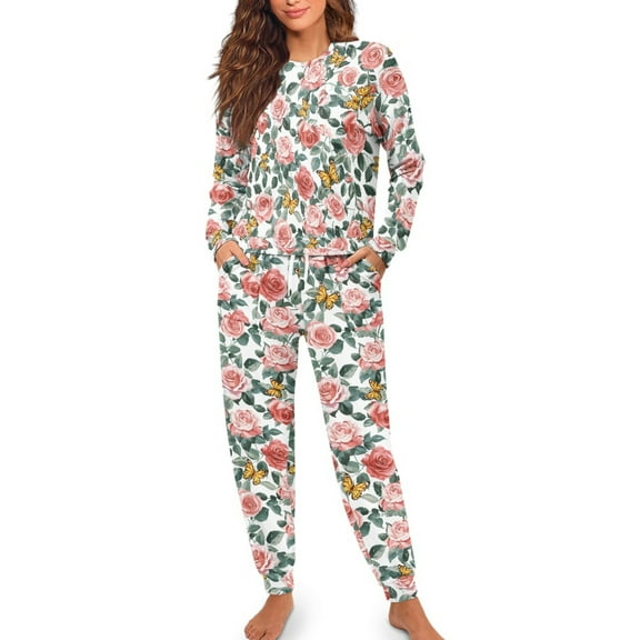FOR U DESIGNS Rose Butterfly Women 2 Piece Pajamas Sets Long Pants and Crew Neck Tops Size 2XL Drawstring Nightwear Sets Long Sleeve Sleepwear Soft for Women Fall