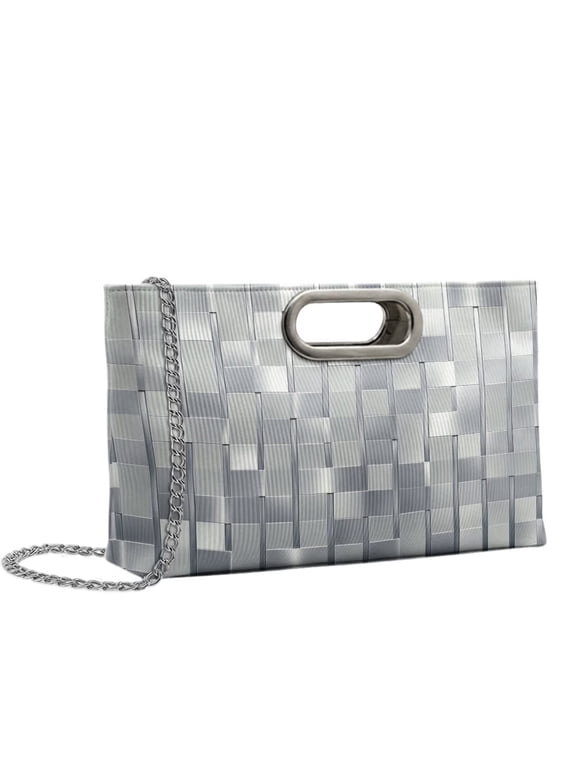 FOR U DESIGNS Silver Woven Plaid Print Clutch Purse for Women Leather Evening Bag with Detachable Chain Stylish Handbag for Wedding Party Prom Bridal