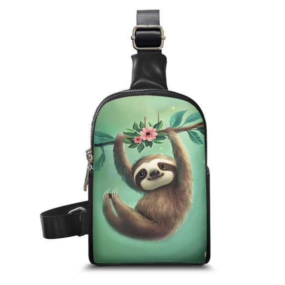 FOR U DESIGNS Sloth Crossbody Sling Bag for Women Flower Girls Fanny Pack PU Leather Chest Bag for Dating Shopping, Cute Shoulder Bag with Zipper & Adjustable Strap, Green