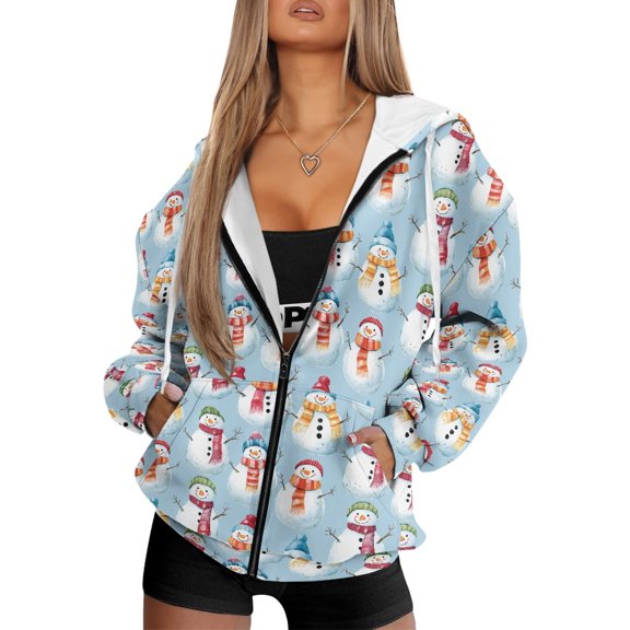 FOR U DESIGNS Snowman Christmas Zipper Hoodies for Women Oversized Long Sleeve Cardigan Hooded Size S Sweatshirt Hoodie Jackets with Drawstring for Women Activewear