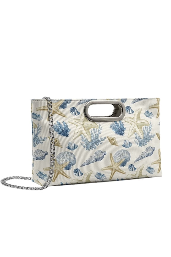FOR U DESIGNS Starfish Shell Coral Print Leather Clutch Purse, Top Handle Purse with Chain Formal Handbag for Wedding Prom Cocktail Events