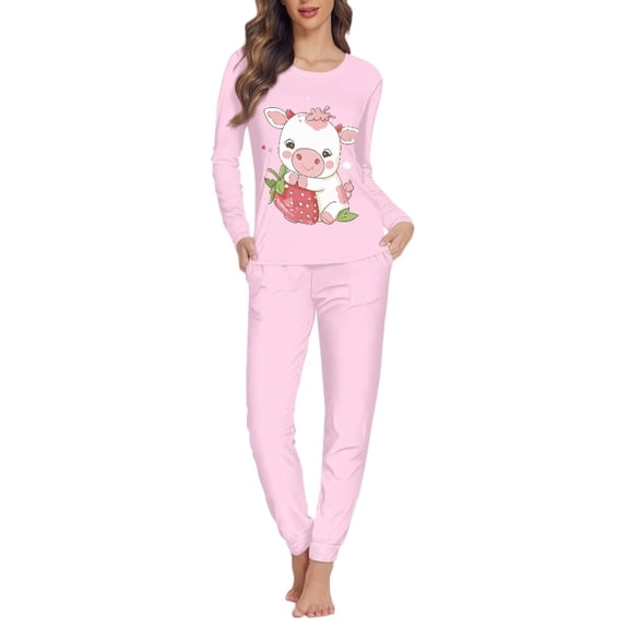 FOR U DESIGNS Strawberry Cow Pajama Sets for Women 2 Piece Long Pants and Crew Neck Tops Size S Lounge Sets for Women Long Sleeve for Womens Jogger Sleepwear