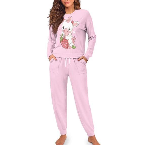 FOR U DESIGNS Strawberry Cow Women's Long Sleeve Drawstring Pajamas Set 2 Piece Size XL Sleepwear Long Crew Neck Tops and Pants for Women Nightwear Jogger Loungewear