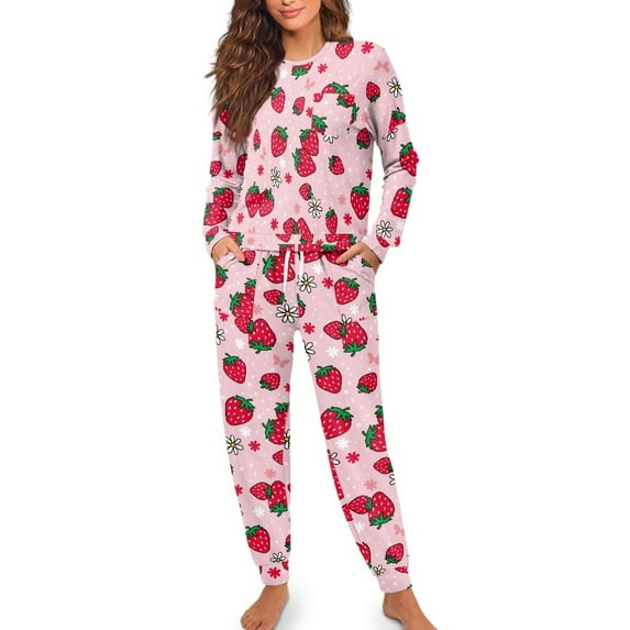 FOR U DESIGNS Strawberry Daisy Womens Lounge Sets 2 Piece Outfits Long Sleeve Crew Neck Tops and Pants with Pockets Size M Nightwear for Women Sleepwear Fall