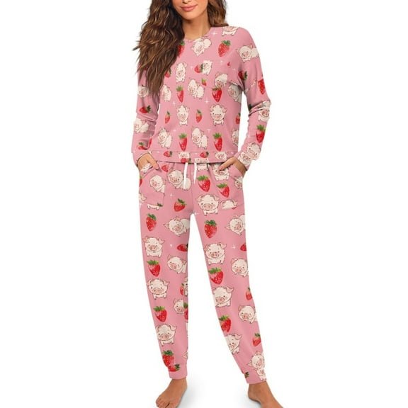 FOR U DESIGNS Strawberry Pig Drawstring Pajama Set Pants Women Sleepwear Long Sleeve Crew Neck Tops 2 Piece Size XL Nightwear Polyester Set for Women Jogger Fall